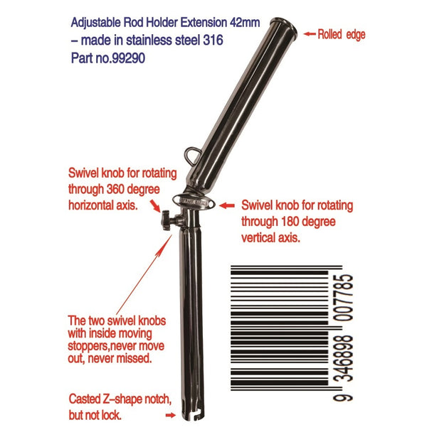 SS316 Heavy Duty Adjustable Rod Holder Extension 42mm