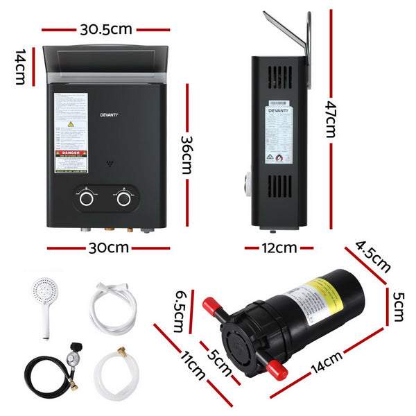 Devanti Portable Gas Water Heater LPG-powered System Black With Pump