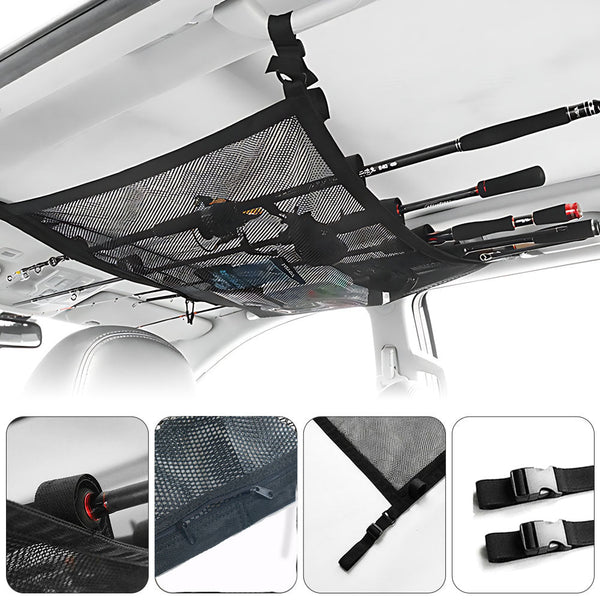 Close-up of mounting brackets and velcro straps showing installation method for car roof fishing rod holder