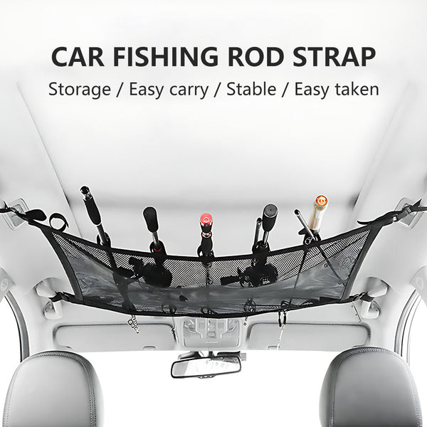Profile view of black fishing rod storage straps mounted to vehicle ceiling showing rod placement