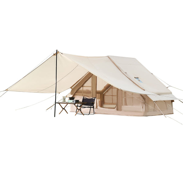 Inflatable Tents for Camping, 3-5 Person Easy Setup Blow up Tent with Hand Pump, 300D Oxford 4 Season Glamping Tent with Canopy, Stove Jack, 2 Doors & 2 Mesh Windows (Storage Bag Included)