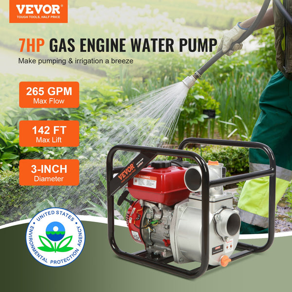 VEVOR Gasoline Engine Water Pump, 80 mm, 7HP 265 GPM, 43 m Lift, 7 m Suction, 4-Stroke Gas Powered Trash Water Transfer