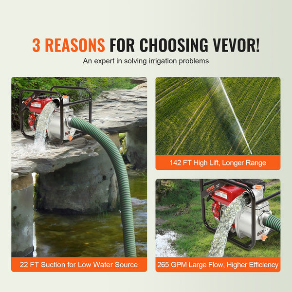 VEVOR Gasoline Engine Water Pump, 80 mm, 7HP 265 GPM, 43 m Lift, 7 m Suction, 4-Stroke Gas Powered Trash Water Transfer