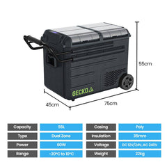 Gecko 55L Dual Zone Portable Fridge Freezer with onboard Lithium Battery, 12V/24V/240V, with 2 Doors, Wheels, for Camping, Car, Outings