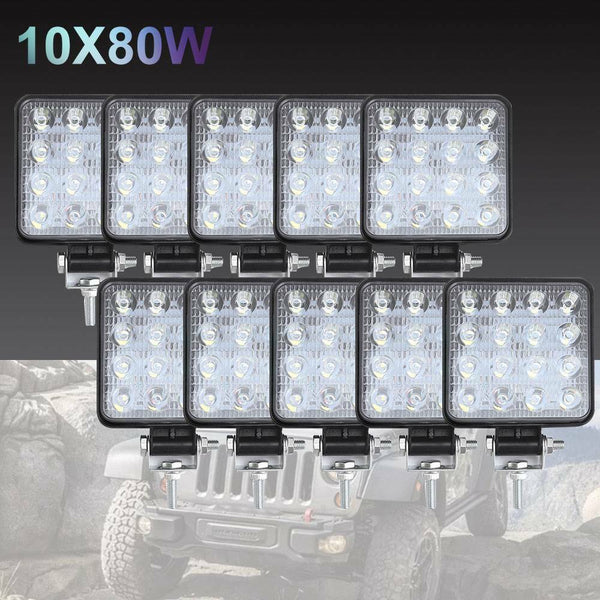 Off Road Living 80W CREE LED Flood Work Lights 12V/24V Square 4" – 10-Pack
