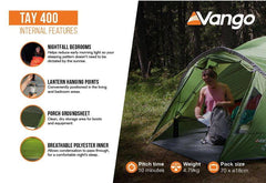 4 Person Camping & Touring Tent - Tay 400 - 4.79kg by Vango