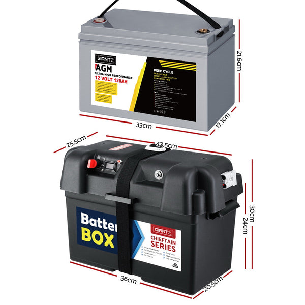 Giantz 120Ah Deep Cycle Battery & Battery Box 12V AGM Marine Sealed Power Solar - Camping Australia