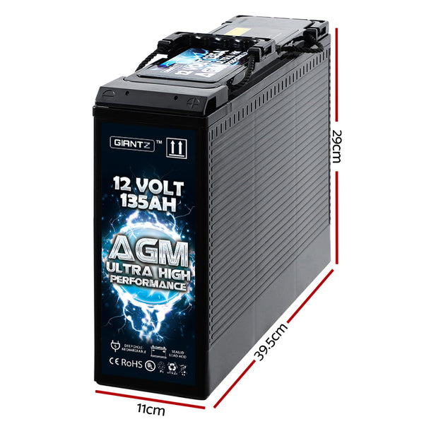 Giantz AGM Deep Cycle Battery 12V 135Ah Portable 4WD Sealed Marine Solar Slim - Camping Australia