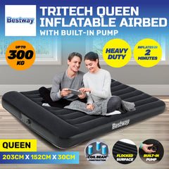 Bestway Queen Inflatable Air Bed Tritech Built-In Pump Heavy Duty - Camping Australia