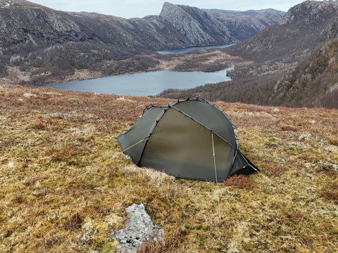 Nortent Vern 1 3S pitched on an open moorland shoulder above a fjord