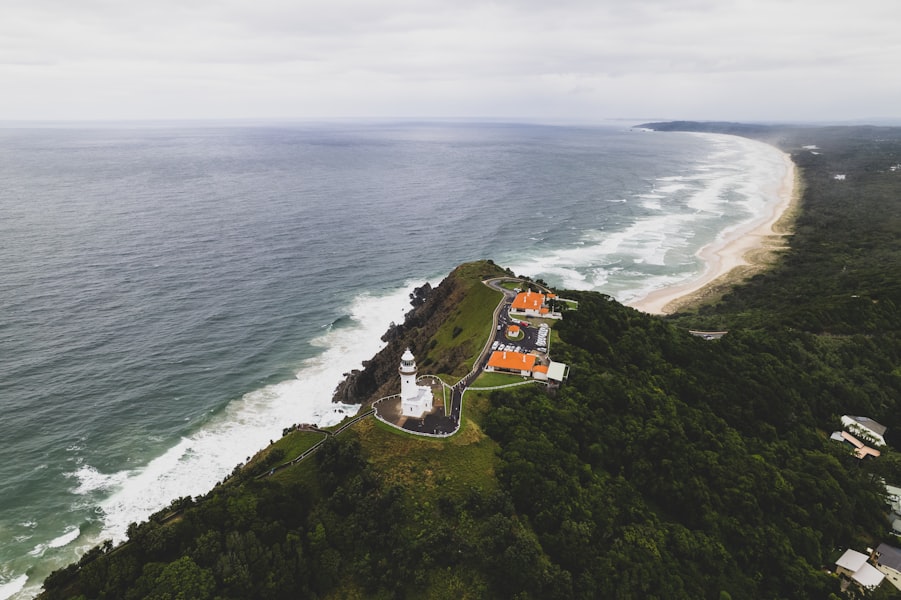 a beach with houses and trees