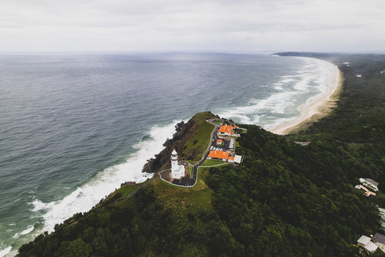a beach with houses and trees