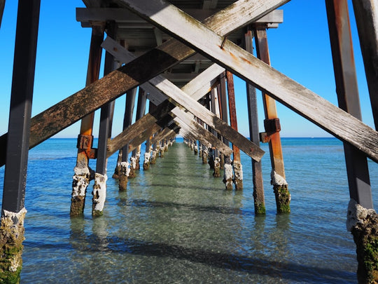 the underside of a pier in the water