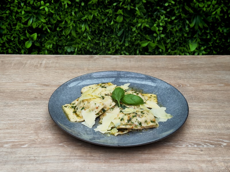 A plate of food on a wooden table