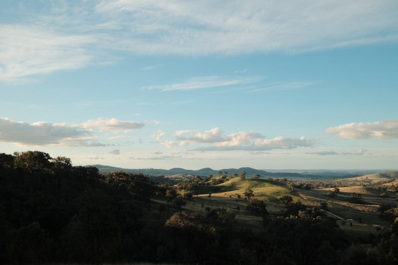 A scenic view of a valley with rolling hills in the distance