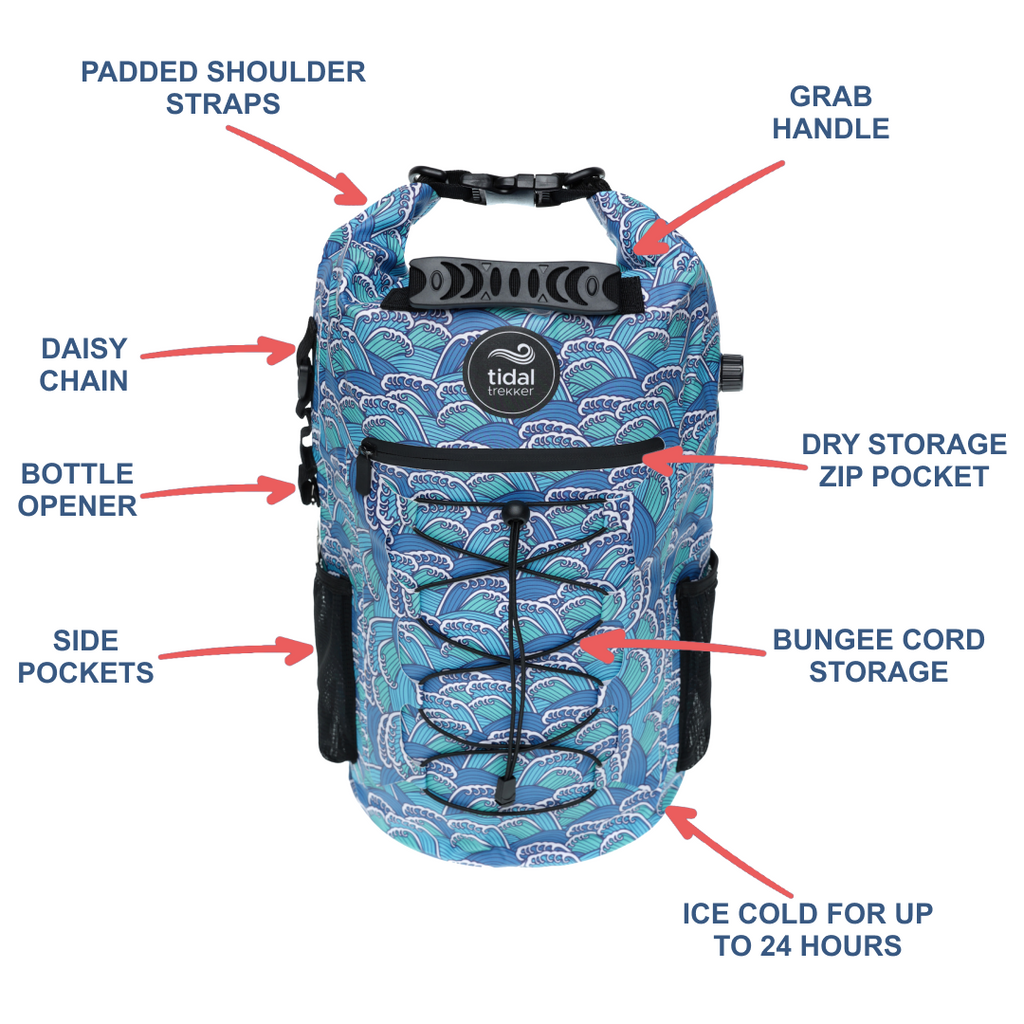 Tidal Trekker 15L Cooler Bag – Features: 12 cans, 24hr cold, dry bag, backpack