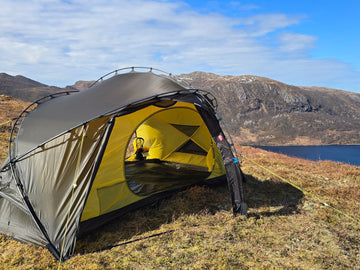Nortent Vern 2 3S 2-person 3-season hiking tent – door open showing the yellow inner tent
