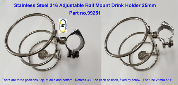 SS316 Adjustable Rail Mount Drink Holder 25mm