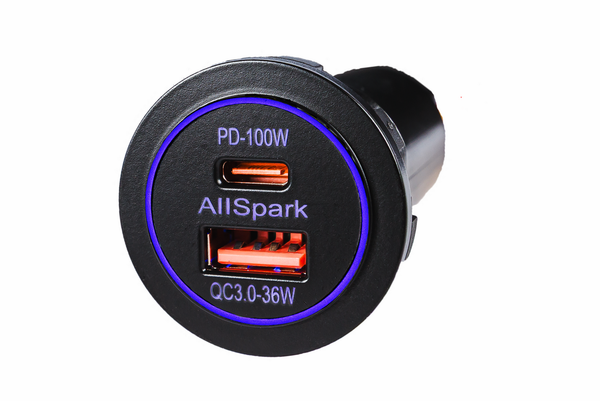 AllSpark Socket - PD100W USB-C + QC3.0 USB-A Charger - Black w/Blue LED