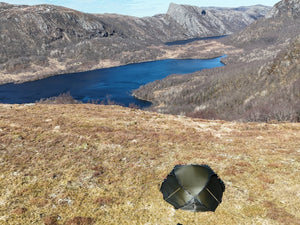 Nortent Vern 2 3S pitched alone on a remote plateau above a lake