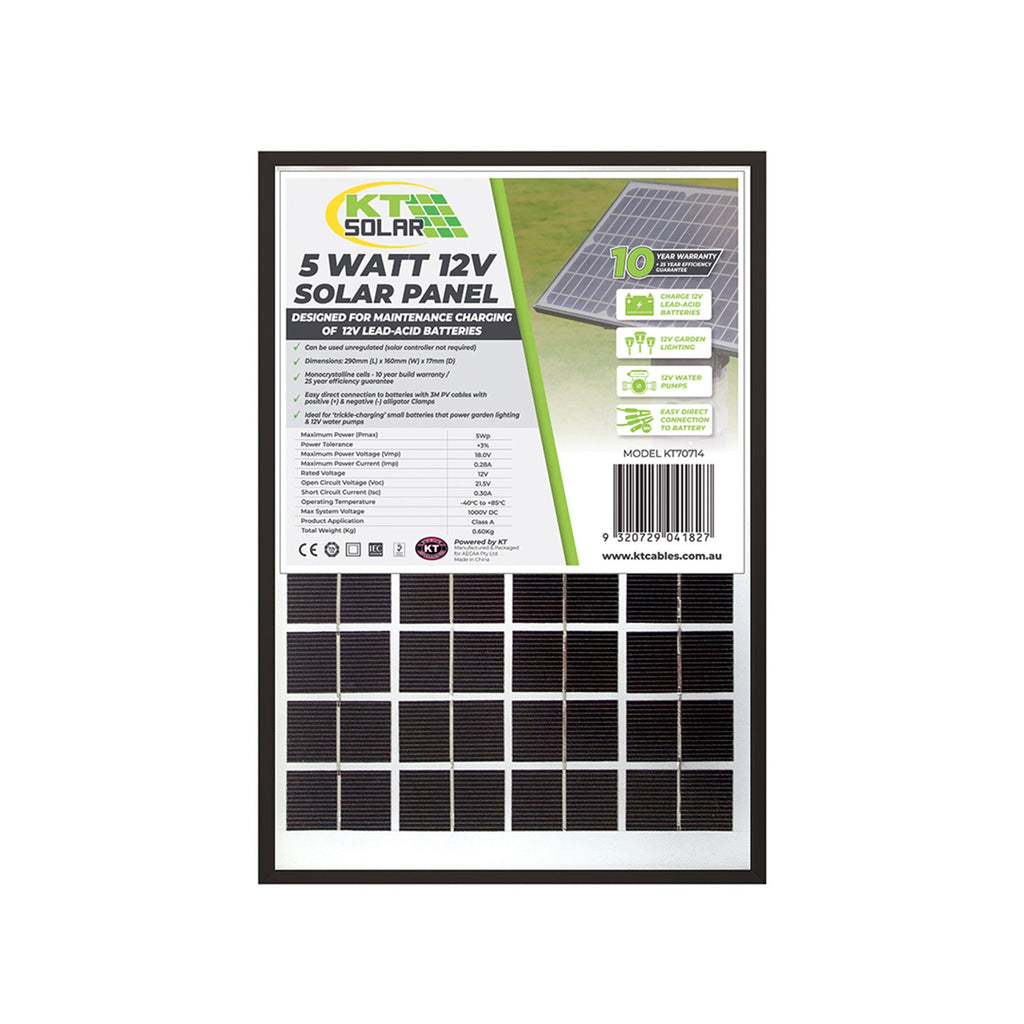 5 Watt, 12V Single Cell Monocrystalline Solar Panel