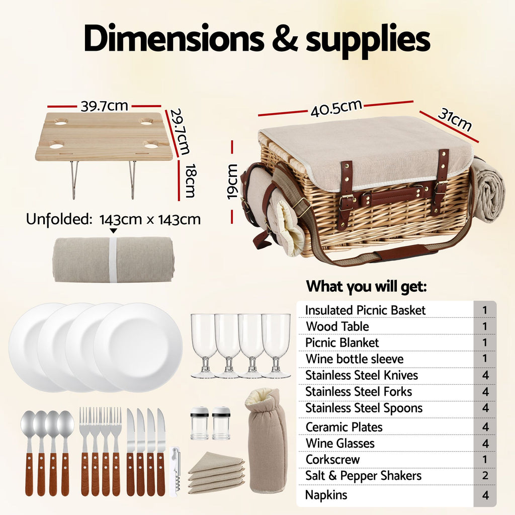 Alfresco 4 Person Insulated Picnic Basket with Folding Wood Table