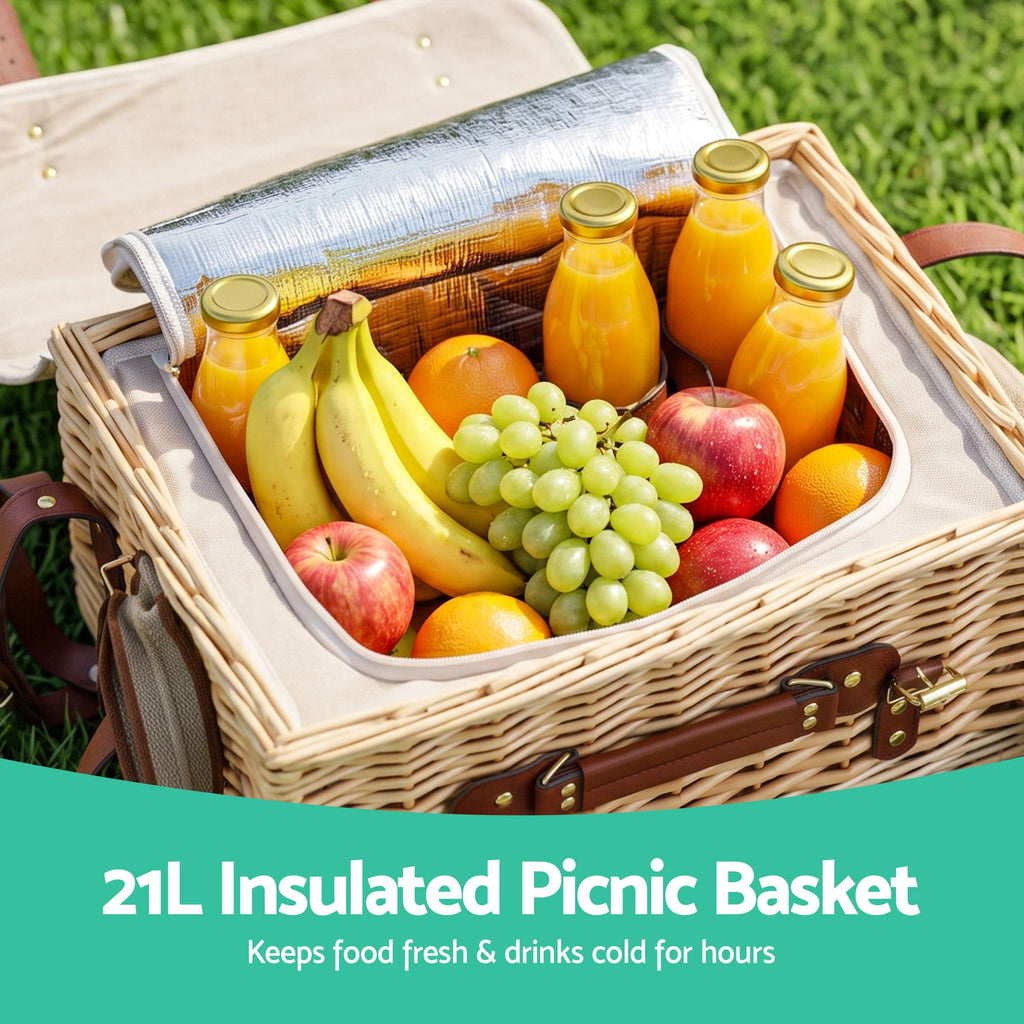Alfresco 4 Person Insulated Picnic Basket with Folding Wood Table