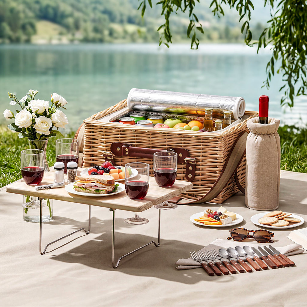 Alfresco 4 Person Insulated Picnic Basket with Folding Wood Table
