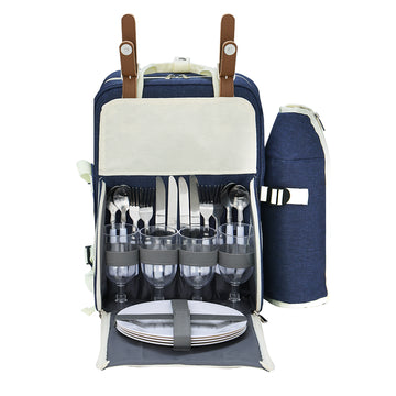 Alfresco 4 Person Insulated Picnic Backpack Set - Blue