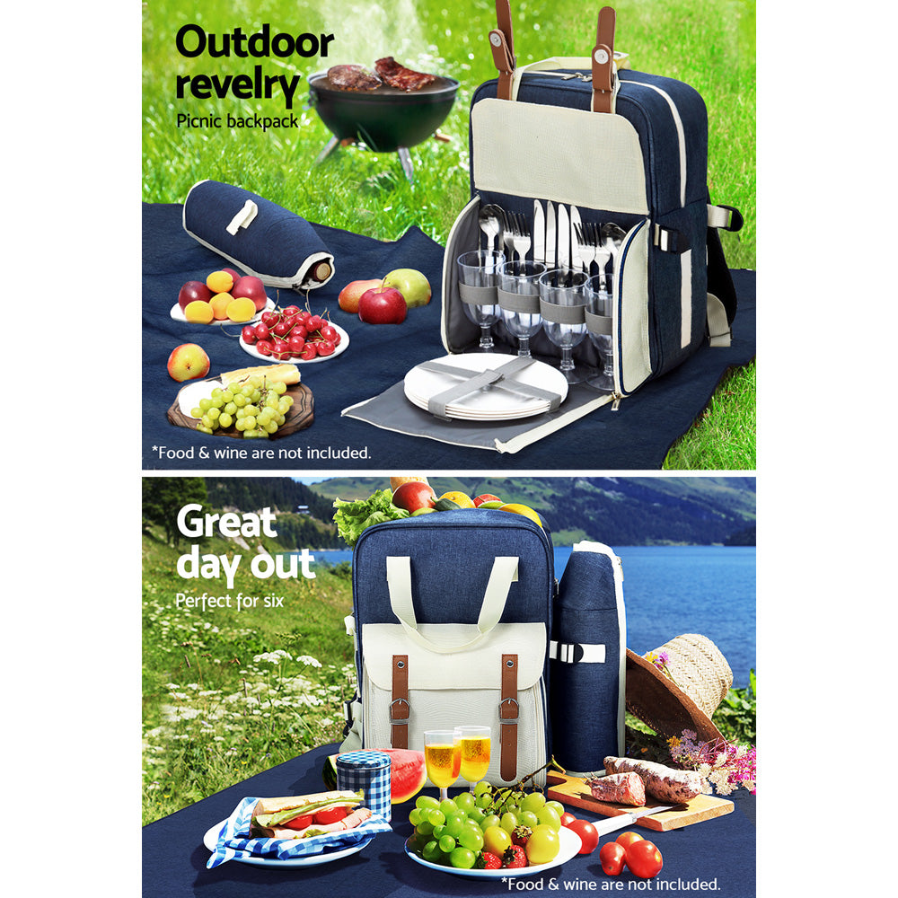 Alfresco 4 Person Insulated Picnic Backpack Set - Blue