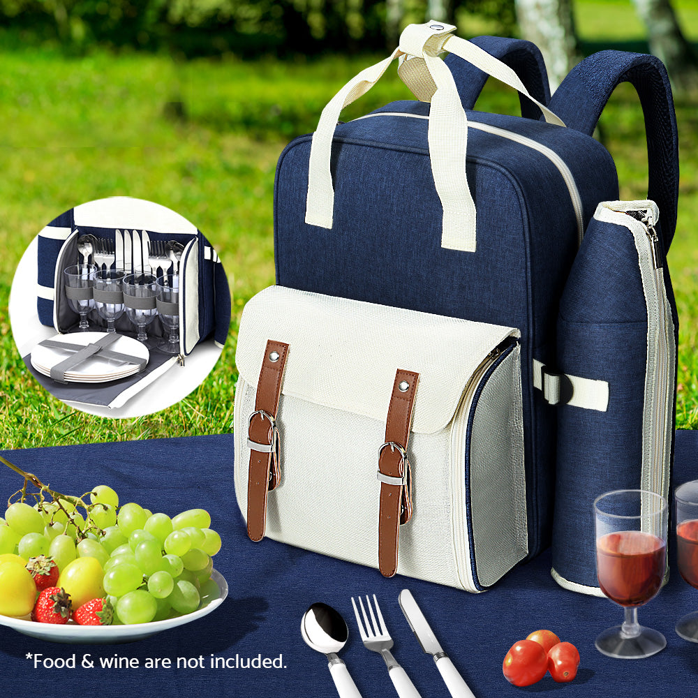 Alfresco 4 Person Insulated Picnic Backpack Set - Blue