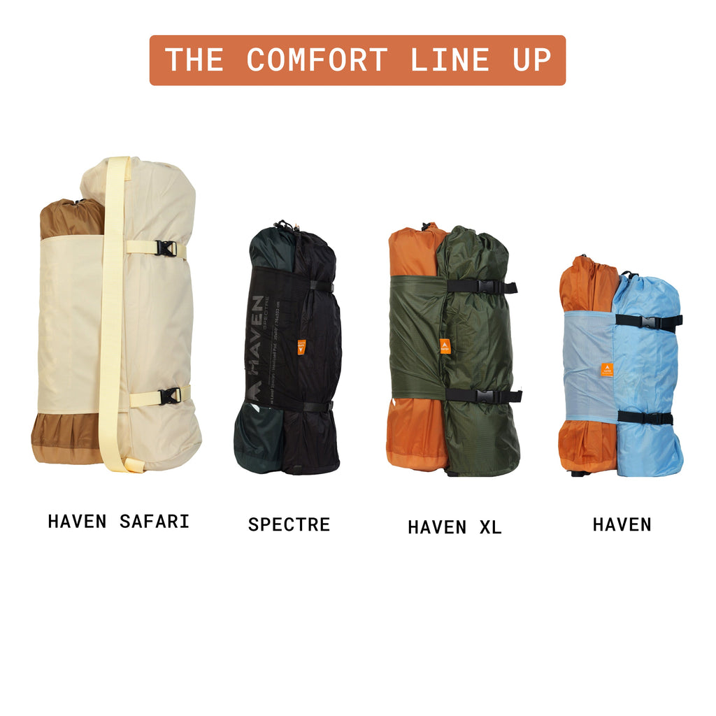 Haven tent range packed size comparison - Safari, Spectre, XL and standard Haven