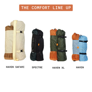 Haven tent range packed size comparison - Safari, Spectre, XL and standard Haven