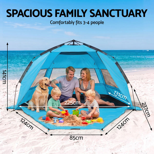 Weisshorn 3-4 Person Pop Up Beach Tent UPF 50 - Blue
