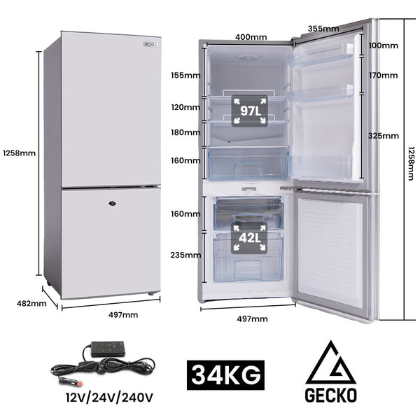 GECKO 139L Upright Portable Fridge / Freezer, 12V/24V/240V for Motorhome and Caravan, Silver