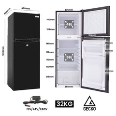 GECKO 142L Upright Portable Fridge / Freezer, 12V/24V/240V for Motorhome and Caravan, Black