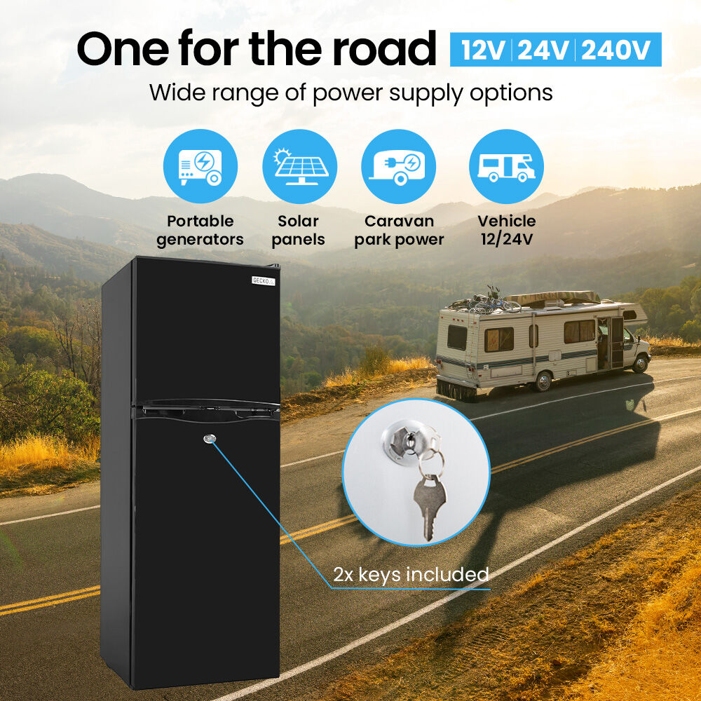 GECKO 142L Upright Portable Fridge / Freezer, 12V/24V/240V for Motorhome and Caravan, Black