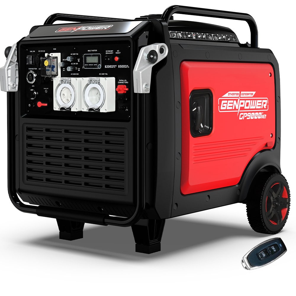 GENPOWER 8.5kW Peak 8.2kW Inverter Generator, Push Button & Remote Start, ATS Compatible, RCD, Portable w/ Wheels, 27L Fuel Tank, Grid Power Home Backup