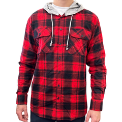 Mens Cotton Flannelette Shirt w Jersey Hood Long Sleeve Flannel - Red - 2XL