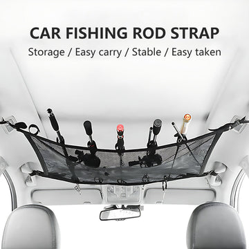 Profile view of black fishing rod storage straps mounted to vehicle ceiling showing rod placement