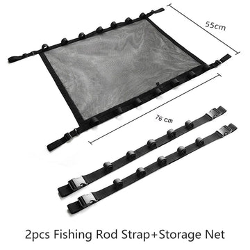 Multiple fishing rods securely stored in parallel using ceiling-mounted strap system
