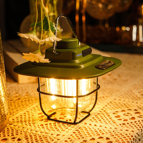 Green Vintage LED Camping Lantern - Rechargeable, Stepless Dimming, Power Bank