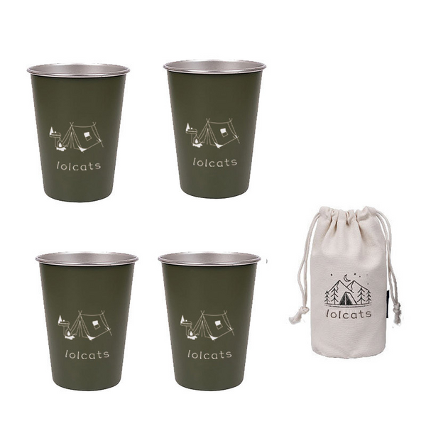 Green 304 Stainless Steel Camping Cup - 350ml Outdoor Drinkware(Set of 4 with Bag)