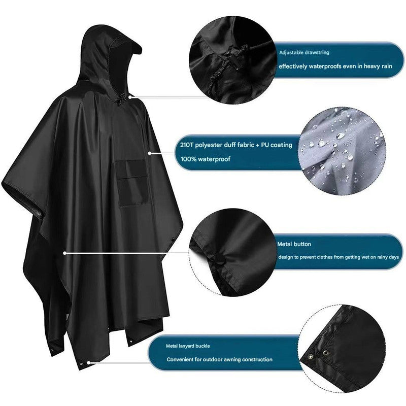Black Portable Outdoor Camping Poncho - Can be used as Raincoat, Tarp, Ground Cover