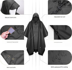 Black Portable Outdoor Camping Poncho - Can be used as Raincoat, Tarp, Ground Cover