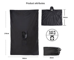 Black Portable Outdoor Camping Poncho - Can be used as Raincoat, Tarp, Ground Cover