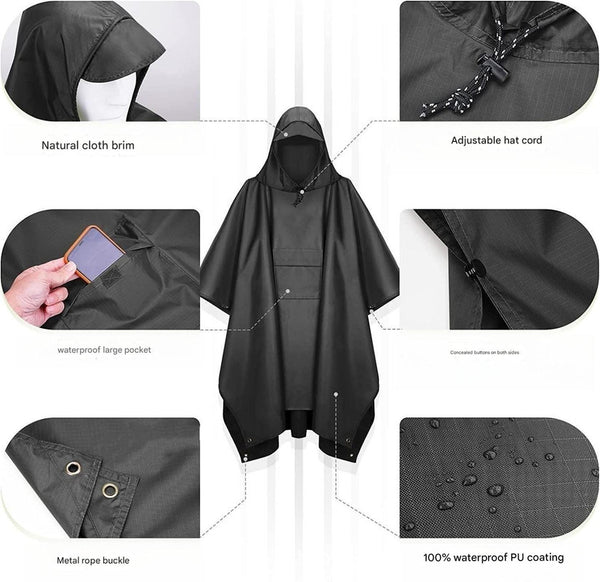 Blue Portable Outdoor Camping Poncho - Can be used as Raincoat, Tarp, Ground Cover