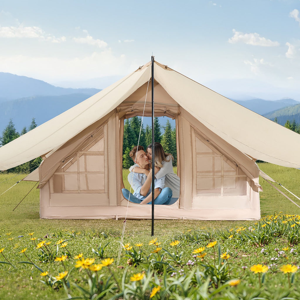 Inflatable Tents for Camping, 3-5 Person Easy Setup Blow up Tent with Hand Pump, 300D Oxford 4 Season Glamping Tent with Canopy, Stove Jack, 2 Doors & 2 Mesh Windows (Storage Bag Included)
