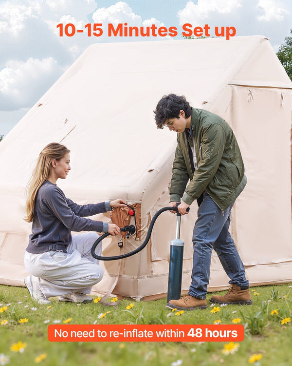 Inflatable Tents for Camping, 4-6 Person Easy Setup Blow up Tent with Hand Pump, 300D Oxford 4 Season Glamping Tent with Stove Jack 2 Doors & 4 Mesh Windows, Storage Bag Included for Easy Taking
