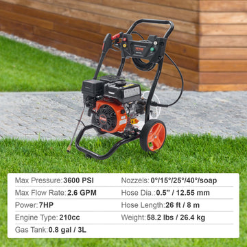 VEVOR Gas Pressure Washer Gas Powered Washer 3600 PSI 2.6 GPM 210cc 5 Nozzles